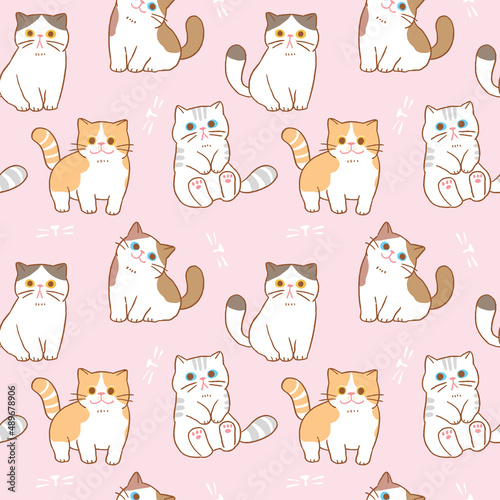 Fototapeta Naklejka Na Ścianę i Meble -  Seamless Pattern of Cute Cartoon Cat Design on Pink Background