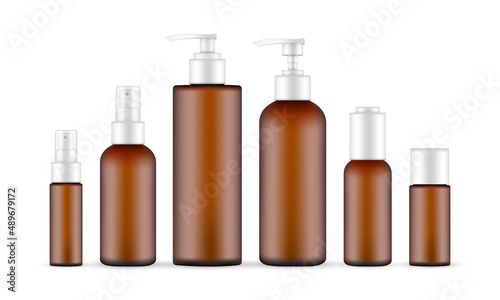 Plastic Amber Cosmetic Bottles Set, Pump, Spray, Various Sizes, Isolated on White Background. Vector Illustration