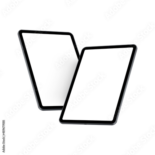 Tablet Mockups With Blank Screens, Side Perspective View, Isolated on White Background. Vector Illustration
