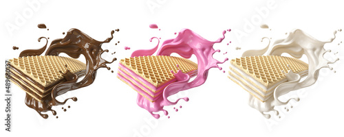Fotografía Crispy cookie Chocolate wafer Flavor with Milk cream splash on white background, 3d illustration