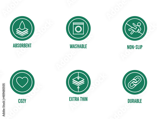 absorbent, washable, non-slip, cozy, extra thin, durable icon set vector illustration 