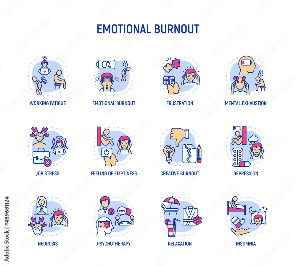 Emotional burnout set. Thin line icons. Working fatigue, job stress, depression, frustration, feeling of emptiness, creative burnout, psychotherapy, insomnia, mental exhaustion. Vector illustration