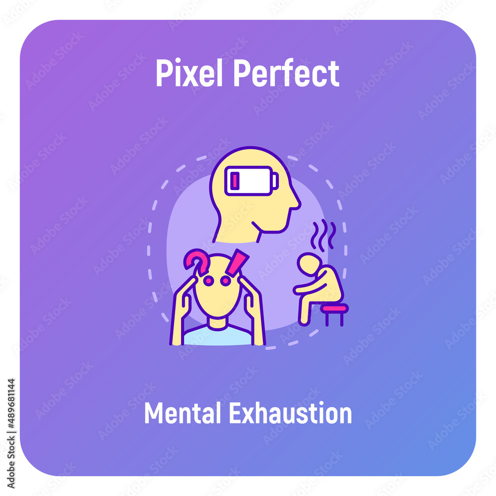Mental exhaustion concept with thin line icons, working fatigue, frustrated man, low battery. Depression, professional crisis, low activity. Vector illustration. Mental exhaustion concept with thin line icons, working fatigue, frustrated man, low battery. Depression, professional crisis, low activity. Vector illustration.