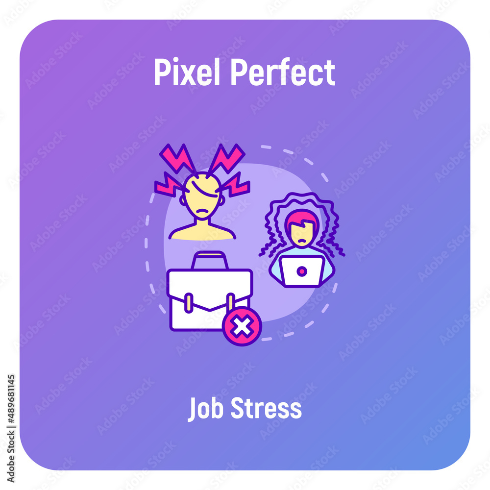 Job stress, burnout concept with thin line icons, working fatigue, overworked man. Professional crisis, low activity, deadline, annoyance. Vector illustration.