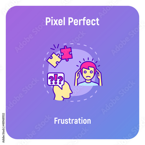 Frustration, emotional burnout concept with thin line icons, neurosis, exhausted, headache. Depression, professional crisis, low activity. Vector illustration.