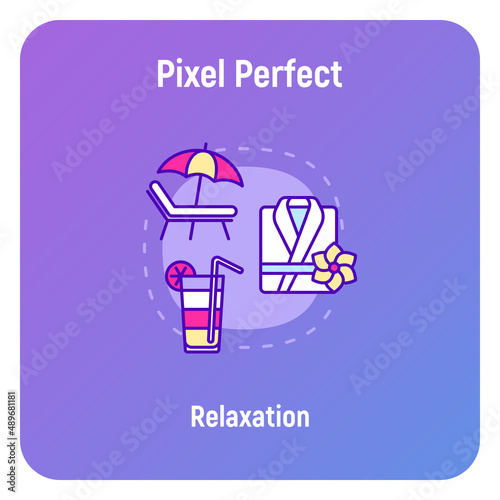 Relaxation concept with thin line icons, spa treatment, beach vacation, smoothie shake, bathrobe. Vacation in tropic climate. Vector illustration.