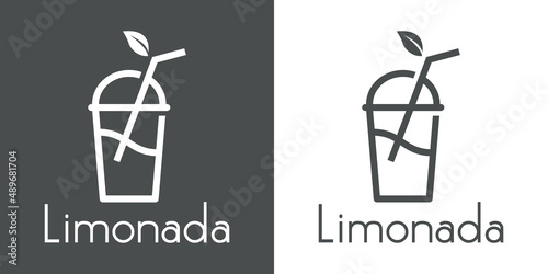 Logo Juice bar. Banner con texto Limonada en español con taza de papel con tapadera, hojas y líquido con líneas en fondo gris y fondo blanco