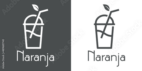 Logo Juice bar. Banner con texto Naranja en español con taza de papel con tapadera, hojas y líquido con líneas en fondo gris y fondo blanco