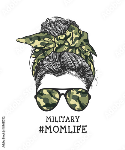 Woman messy bun hairstyle with camo headband and glasses hand drawn vector illustration 