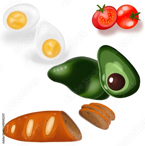 ingredients for a proper breakfast avocado tomato bread egg