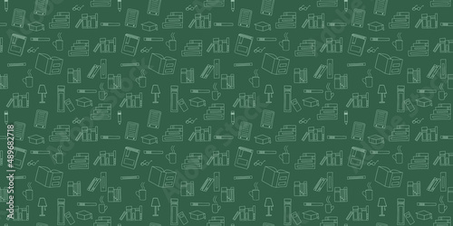 Wallpaper Mural Vector seamless pattern. Doodle Many icons of books scattered Background for education elearning school concept. Pile of paper books, open book, book on computer screen, ebooks, glasses, heart Torontodigital.ca