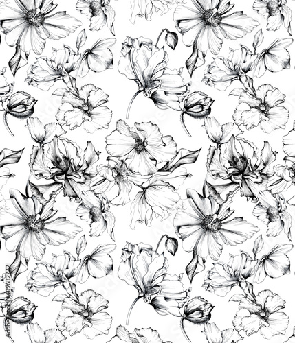 Seamless monochrome background of poppy flowers  illustration for design