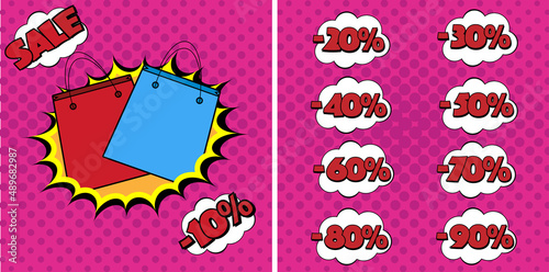 Sale banner in bright pop art style with two shopping  bags and different variants of discount.
