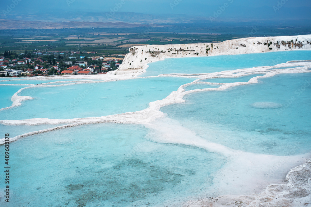 Natural travertine pools and terraces in Pamukkale. Cotton castle in southwestern Turkey. 