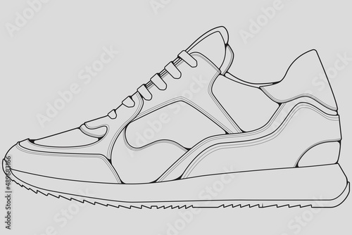 Shoes sneaker outline drawing vector, Sneakers drawn in a sketch style, black line sneaker trainers template outline, vector Illustration.
