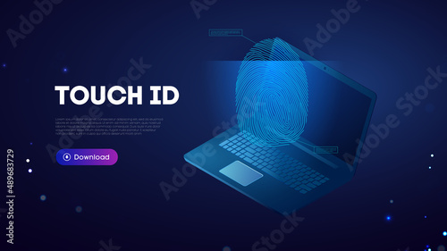Touch id biometrics. Notebook biometric authentification blue technology background.