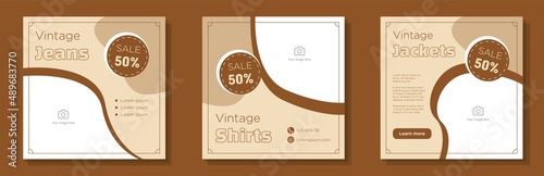 Vintage clothing store social media post, banner set, second hand clothing merchandise advertisement concept, jeans, shirts, save the earth marketing square ad, abstract print, isolated on background