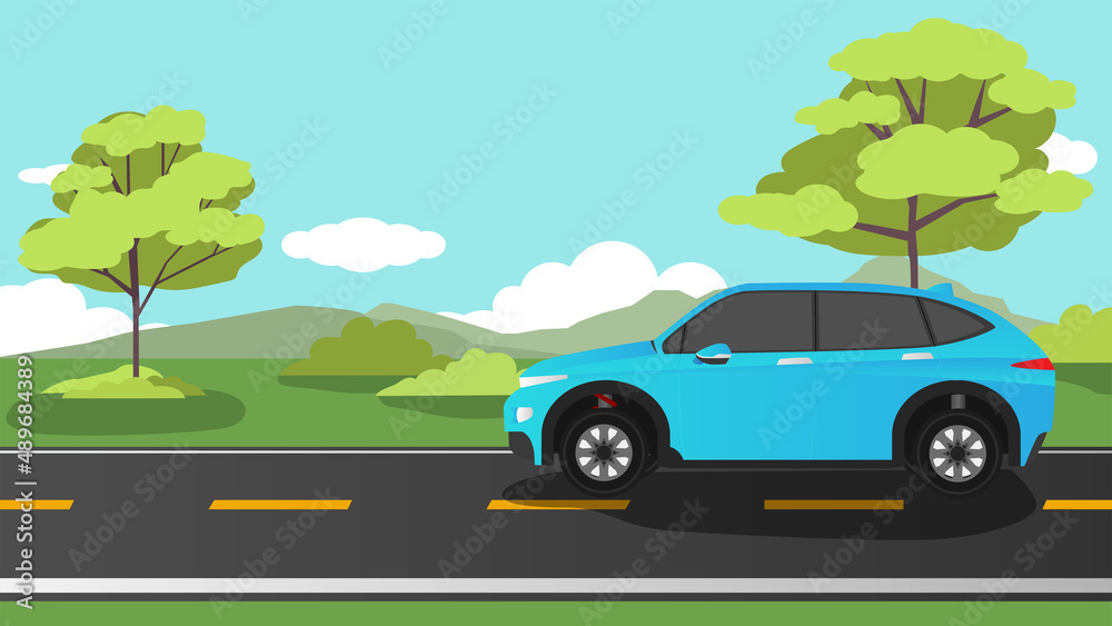 Horizontal view of EV-Car driving on asphalt road.  Background of trees and green grass and mountain. Under the blue sky.