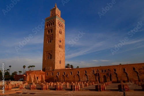 Panoramic view of Koutoubia mosque at sunset. Marrakech, Morocco. photo