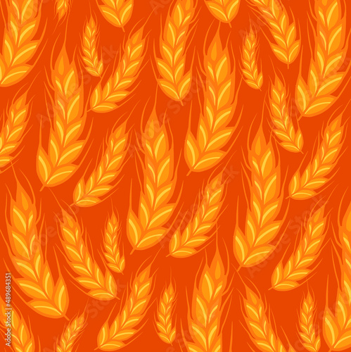 Horizontal seamless border with hand drawn spikelets of wheat in sketch vector illustration isolated on orange background. Ears of wheat for decoration, package design. 