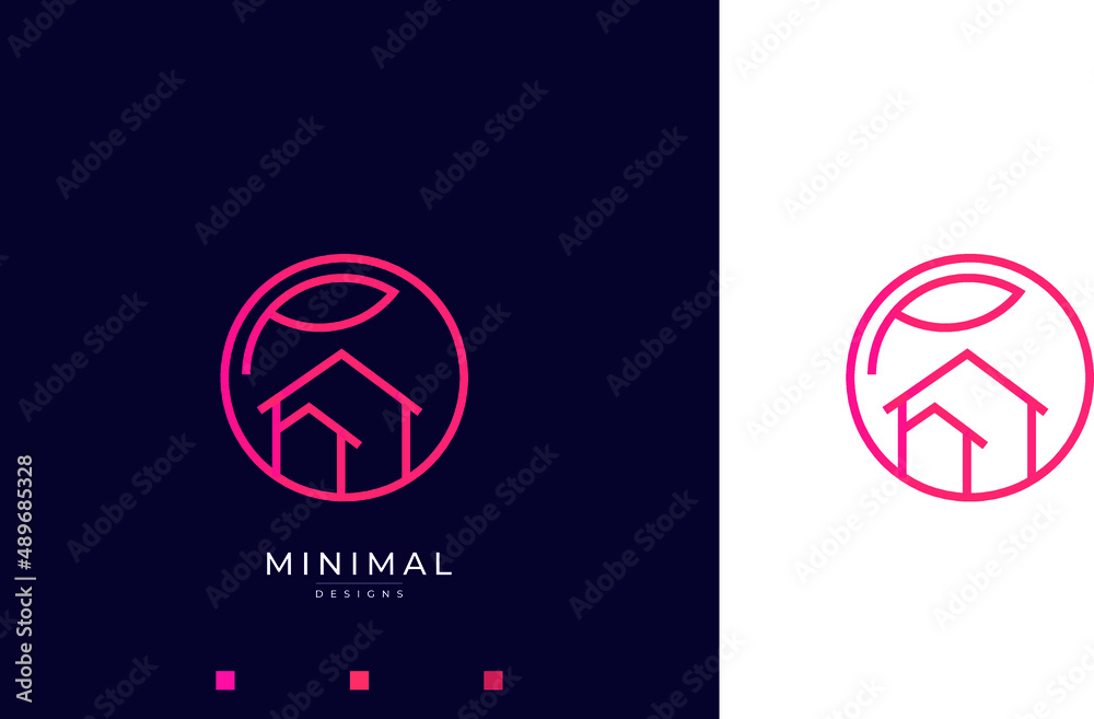 A line art icon logo of a house/home with a leaf circle A line art icon logo of a house/home with a leaf circle