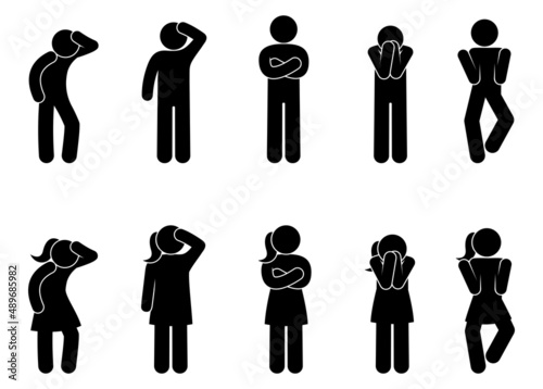 stick figure man icon, various gestures and poses of men and women, isolated human silhouettes