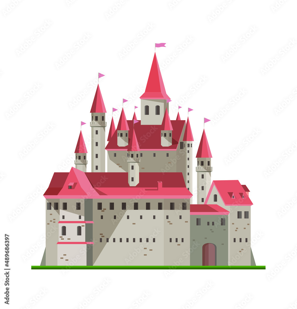 Cartoon flat illustration of old big history castle from fairy tale