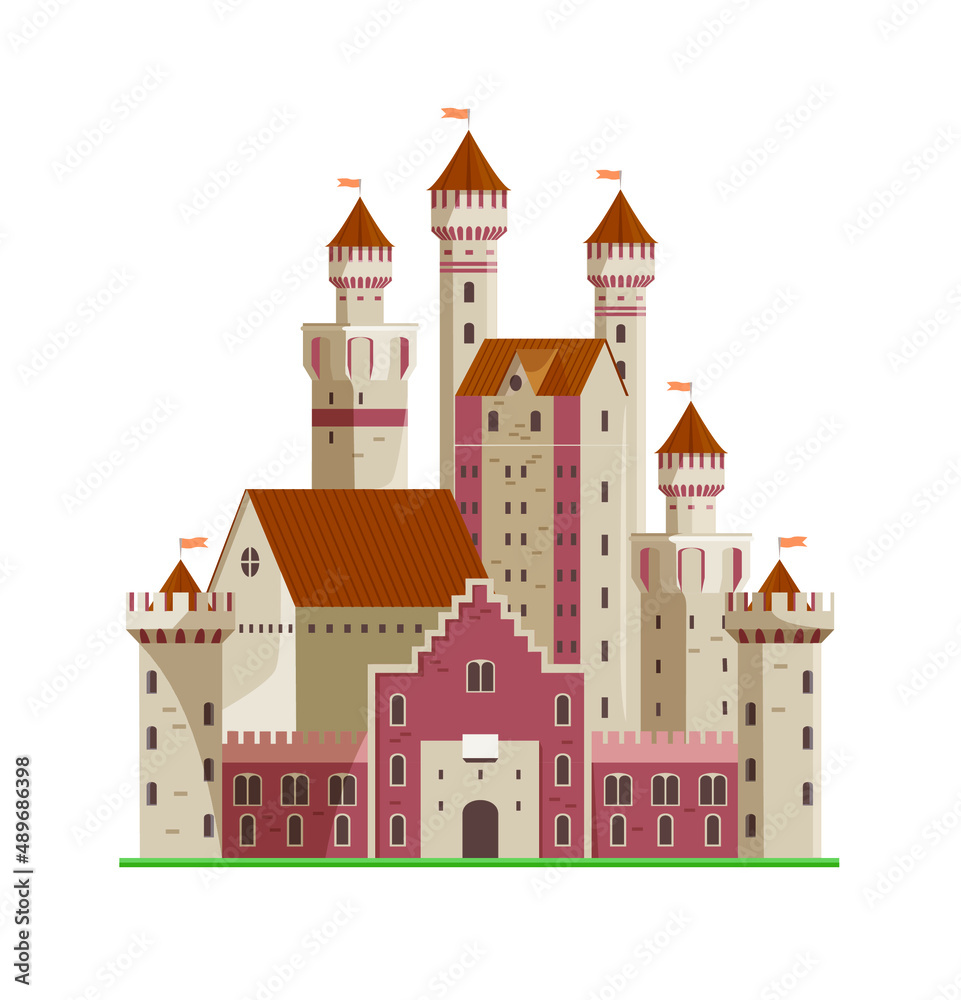 Cartoon flat illustration of old big history castle from fairy tale