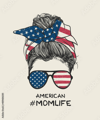Valokuva Woman messy bun hairstyle with American flag headband and glasses hand drawn vec