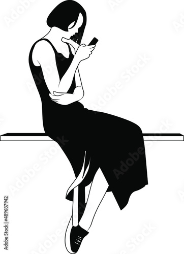 Black and white image of a girl sitting with a phone in her hand Vector illustration