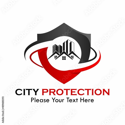 city protection logo template illustration. there are city with shield