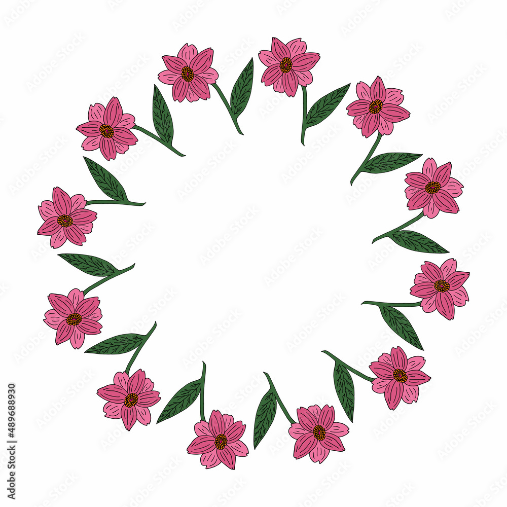 Round frame with pink flowers on white background. Vector image.