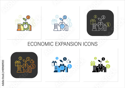 Economic expansion icons set.Increase in economic level activity. Rise in GDP. Universal basic income concept.Collection of icons in linear, filled, color styles.Isolated vector illustrations