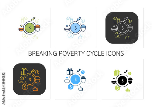 Breaking poverty cycle icons set. Unemployment benefit. State assistance.Universal basic income concept. Collection of icons in linear, filled, color styles.Isolated vector illustrations 