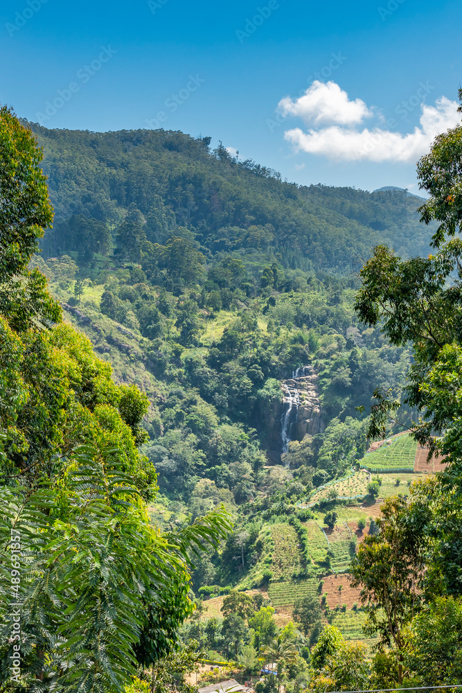 Ella gap, the view of mountains around Ella with tea plantation, Sri Lanka