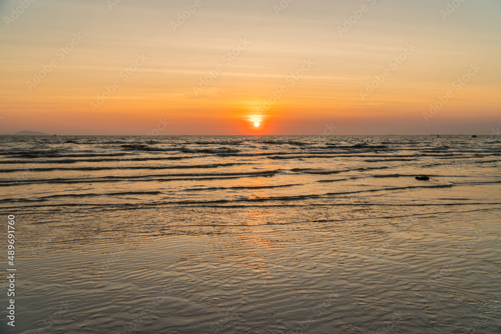 Beautiful sunset on the beach in Thailand. Nature outdoor with sunset background