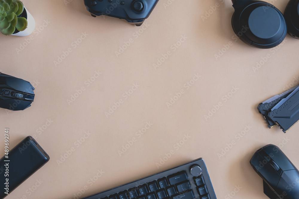 gamer work space concept, top view a gaming gear, mouse, keyboard