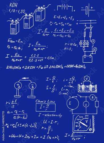 Classic education and scientific background. Physics law theory and mathematical formula equation on blueprint. Vector hand-drawn illustration.