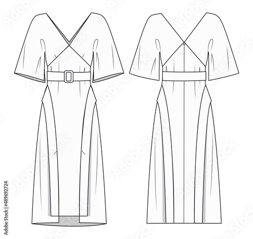 Dress fashion flat sketch template. Dress mockup. Technical drawing of the dress. Midi dress.