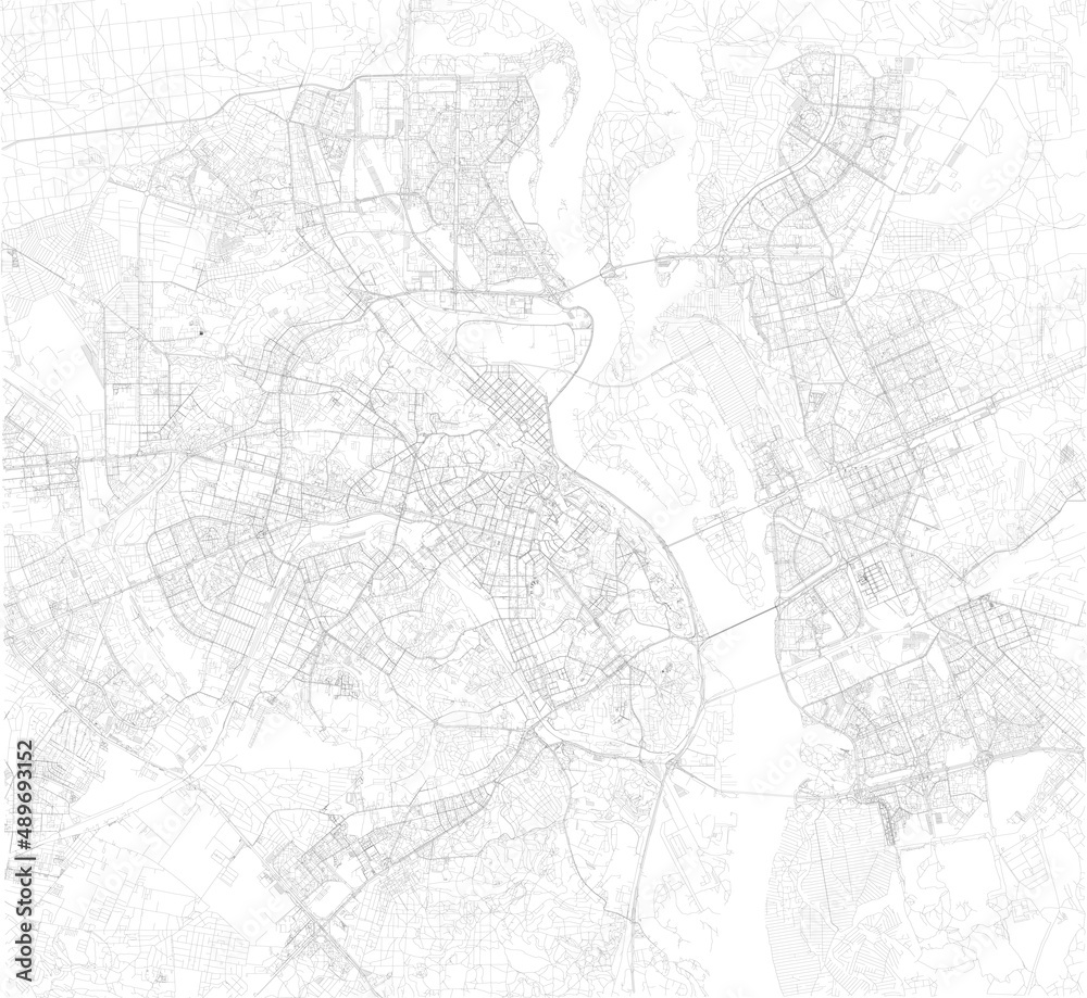 Map of the capital of Ukraine, Kiev. Buildings and city center. Aerial view. Roads and communication routes, satellite view, black and white