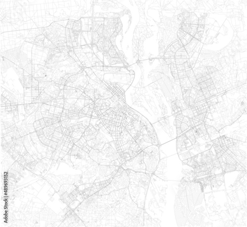 Map of the capital of Ukraine, Kiev. Buildings and city center. Aerial view. Roads and communication routes, satellite view, black and white