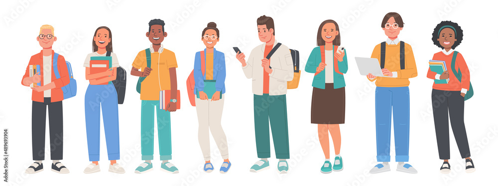 Set of teenagers characters. Guys and girls students hold books, smartphones and a laptop in their hands. Young multicultural people on a white background - obrazy, fototapety, plakaty 