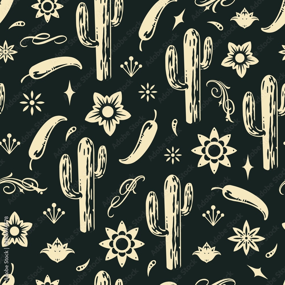 Monochrome seamless pattern with Mexican design