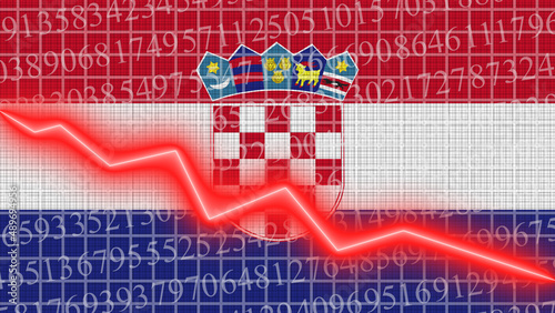 Croatia flag and economic and finance growth progress chart report - red neon zigzag down line     3D Illustrations