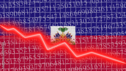 Haiti flag and economic and finance growth progress chart report - red neon zigzag down line – 3D Illustrations