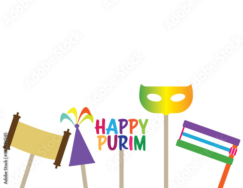 Happy Purim banner with greeting, grogger, mask, torah scroll and clown hat on White background