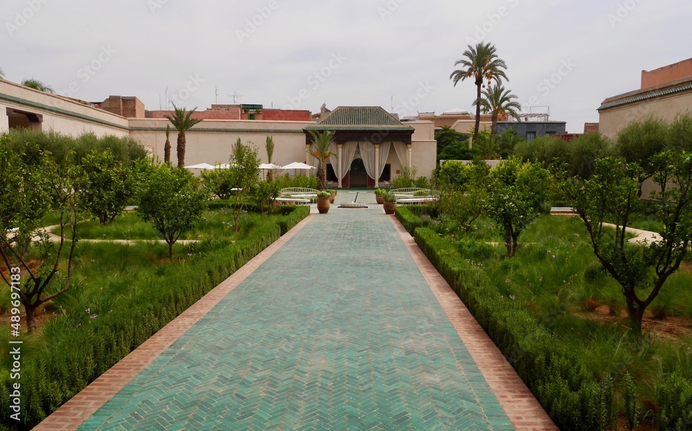 Panoramic view of the Secret Garden, Jardin Secret, in the medina of Marrakech, Morocco.