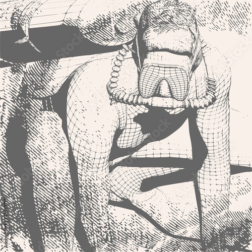 Monochrome silhouette of diver. Mesh grid texture