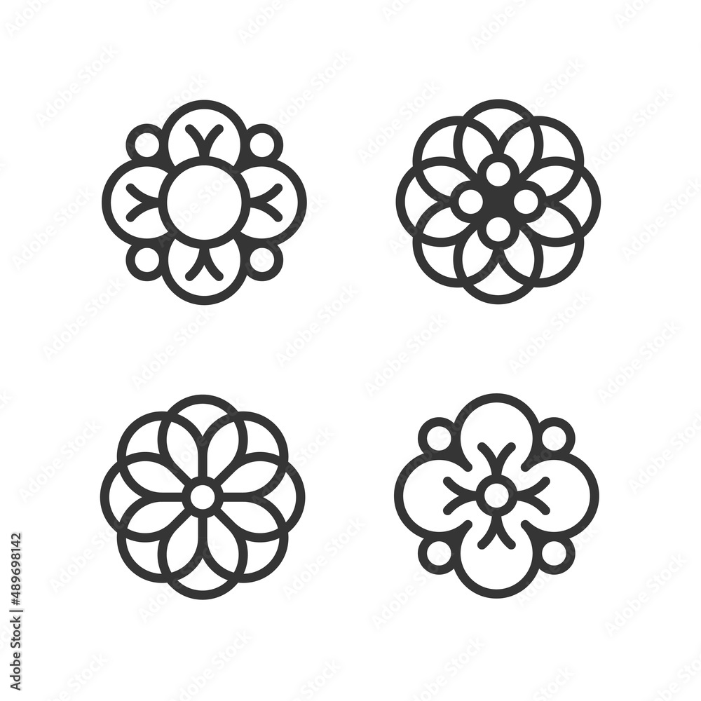 Flower design element. Set of 4 geometric shape. Modern linear design emblem.  Modern abstract linear compositions and graphic design elements.