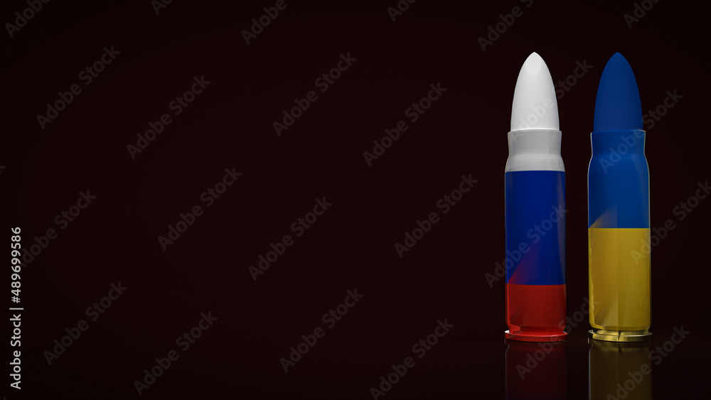 The Ukraine and Russia flag on bullets surface for business or war concept 3d rendering The Ukraine and Russia flag on bullets surface for business or war concept 3d rendering